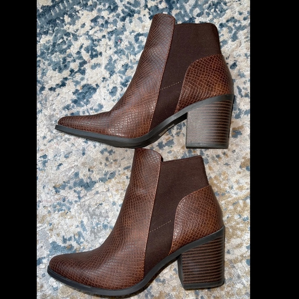 Soda Pointed Toe Reptile Block Heel Ankle Boots - image 3